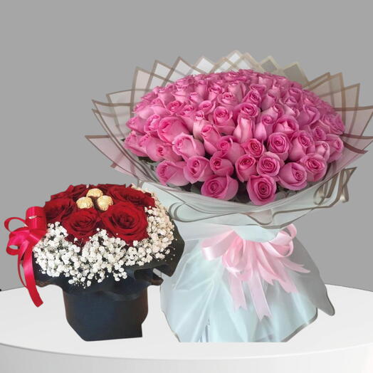 Любовные записки _ 99 Нежно-розовая роскошная композиция с красной розой и подарочным набором шоколадных конфет для неё, годовщина, день рождения