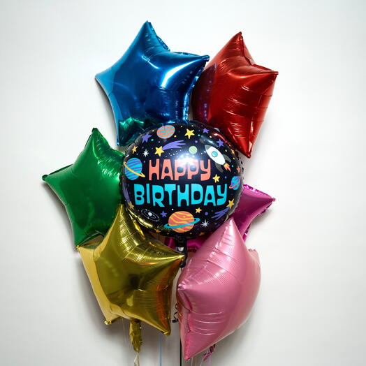 Набор из 6 фольгированных шаров в форме звезды на космическую тему «С Днём Рождения» 7403