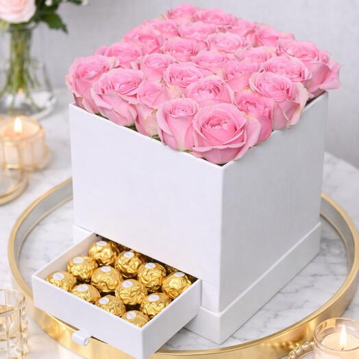 Pink Rosses with ferrero In White Box
