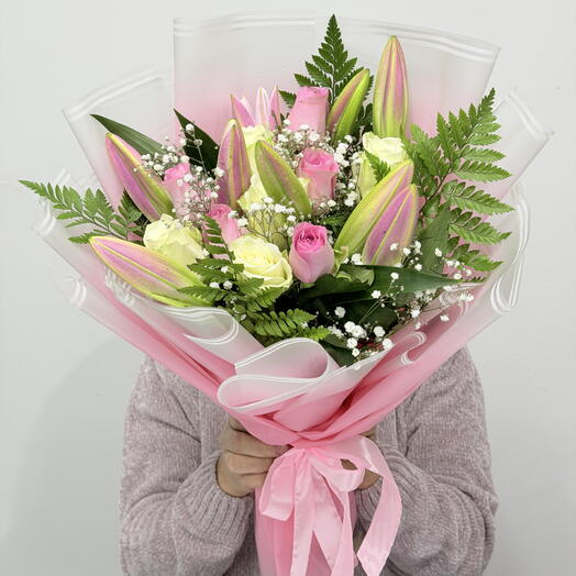 Pink Lily and Rose Bouquet