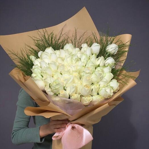 Bouquet of white roses and greenery bloom
