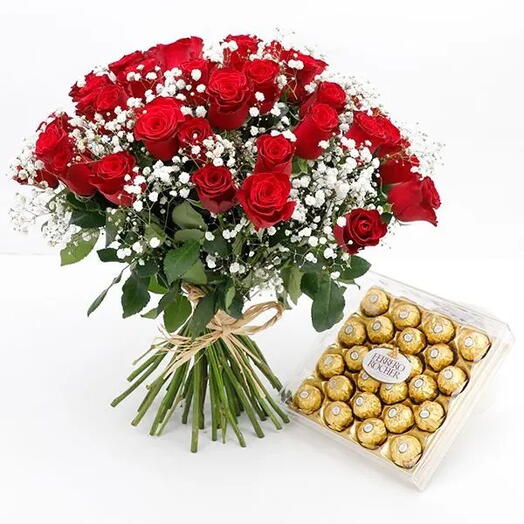 Bouquet of 25 Red Roses with Ferrero Chocolate-1707