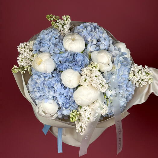Cotton Candy: Bouquet of Light Blue Hydrangea, Liliac, Peonies