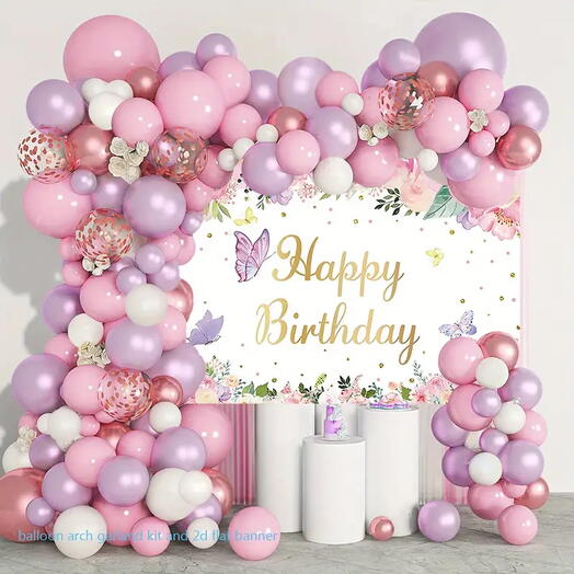 Pink   Purple Butterfly Balloon Arch with 2D Happy Birthday Banner