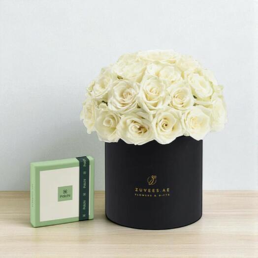 Noor White Rose Bloom Box with Patchi Chocolate – Elegant Flower Gift