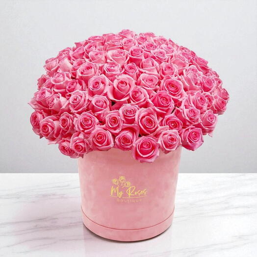 Pink Velvet Box With 50 Pink Roses