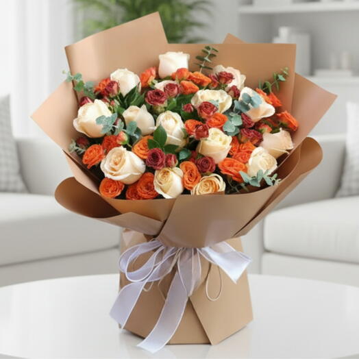 Ramo de 25 rosas spray melocotón, naranja y rojo