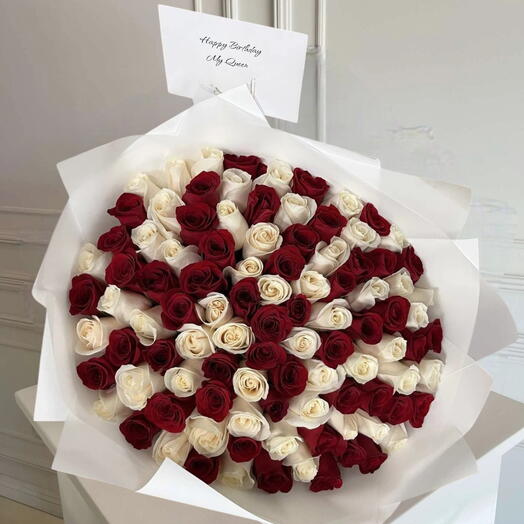 Queen _ 99 Red And White Luxury Bouquet For Anniversary or Birthday