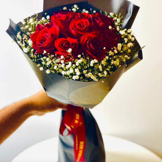Red rose bouquet with baby bright