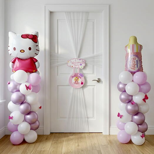 Hello Kitty Baby Girl Balloon Setup – Pink Butterfly Welcome Decor