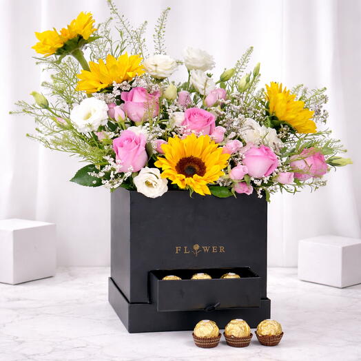 Golden Glow Luxe Floral Box with Chocolates