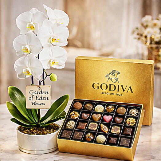 طقم هدايا فاخر من بيور وايت ديزاير: أوركيد أبيض وغوديفا