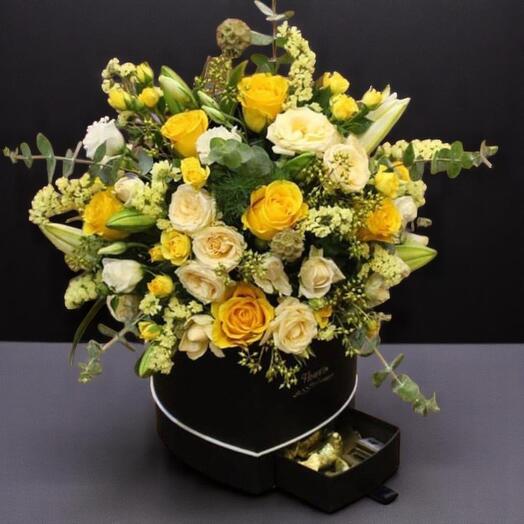 Sunny Yellow Rose   Lily Flower Box with Eucalyptus – Elegant Heart-Shaped Floral Gift with Golden Accents