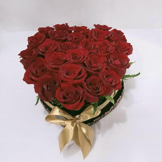 25 stems of Red roses in a heart shape box