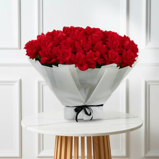 Show Stopper – 51 red open roses in white wrap | luxury red bouquet | anniversary gift | romantic flowers | premium bouquet