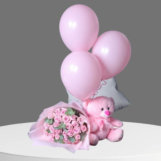 ROMANCE _ Luxurious Pink Rose With Pink Teddy And Pink Balloons For Love, Her Anniversary