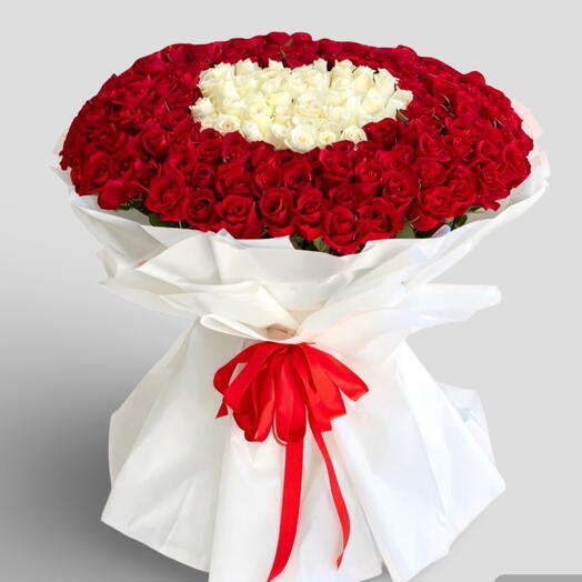 Love More_ 151 Red White Heart Rose Bouquet