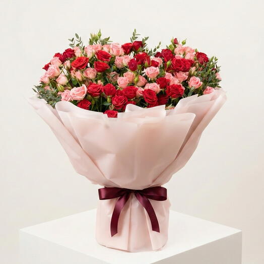 Valentine Special 100 Pink   Red Spray Rose Bouquet | Romantic Luxury Flower Arrangement