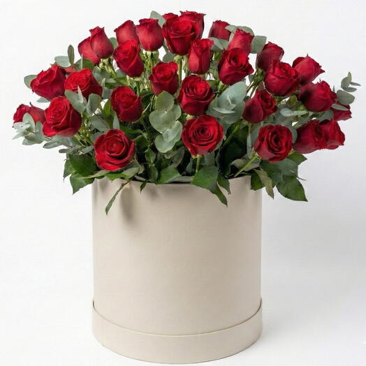 49 Red Roses with Eucalyptus in Round Hat Box | Valentine Flower Box Arrangement