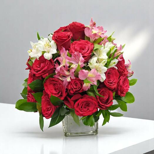 Композиция цветов в стеклянной вазе