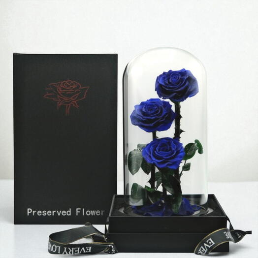 Синие вечные розы в стеклянной колбе - 3 розы