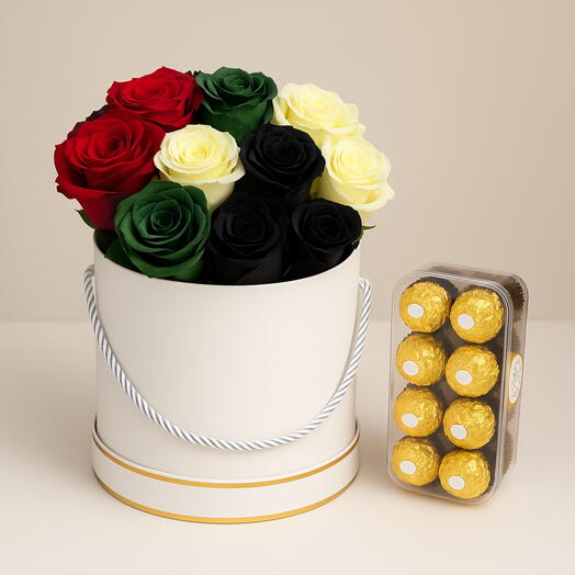 UAE Pride Caja de Flores Marina | 20 Rosas con Bandera   Ferrero Rocher – Regalo Nacional de Lujo