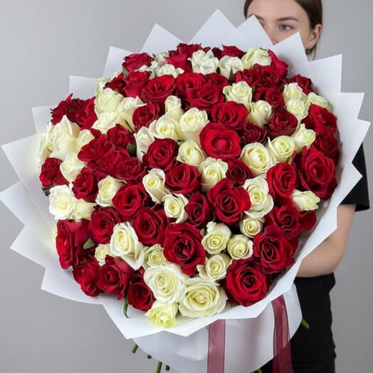 100 Red and White Rose Bouquet - Premium
