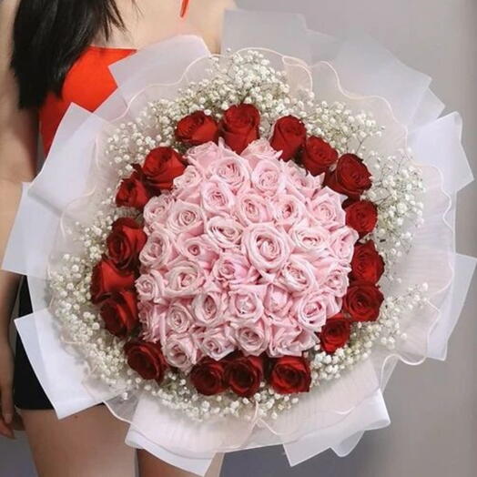51 нежно-розовый с красным комбо романтический роскошный букет для |жены |подруги| годовщины
