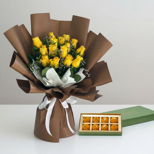 15 yellow rose and Gangour Motichur Laddus