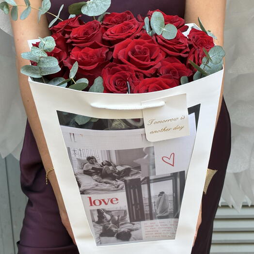 Bouquet with red roses and eucalyptus