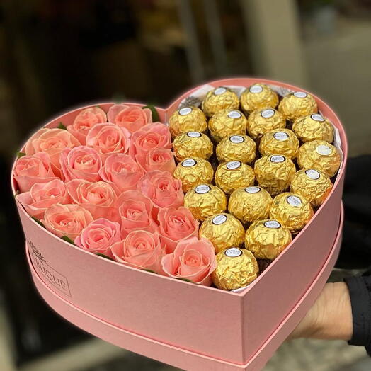 FERRERO CHOCOLATE WITH PINK ROSES IN A BOX