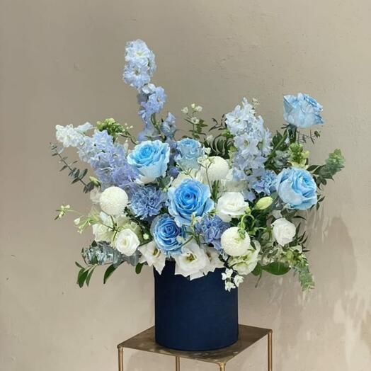 Blue Serenity Box – White Roses   Delphinium Harmony
