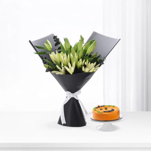 Букет Ivory Grace с шоколадным тортом Happy Jack