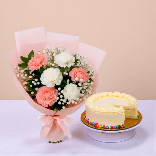 Carnations and Vanilla Cake Combo
