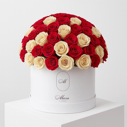 99 Red And Cream White Rose Luxurious Anniversary Hat Box Arrangement
