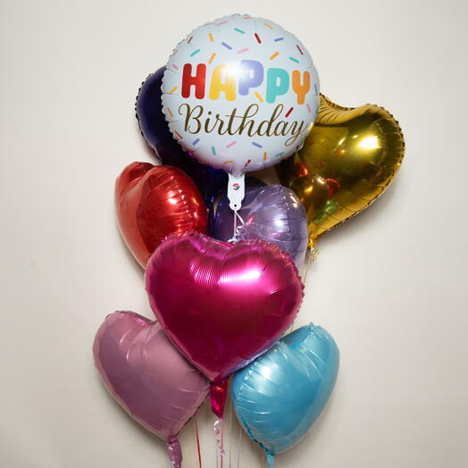 Набор фольгированных шаров С Днём Рождения с разноцветной посыпкой и 8 шариками в форме сердца 7387