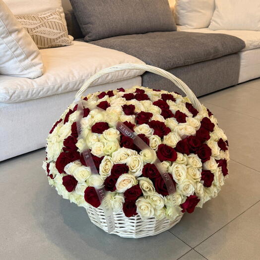 Royal Heart: XL Basket of Red and White Roses