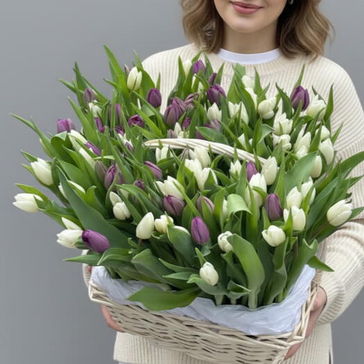 Корзина из 101 белых и фиолетовых тюльпанов