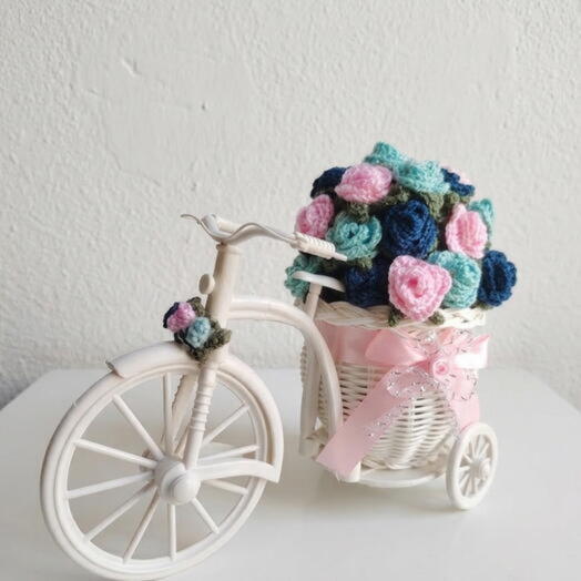 Everlasting Hand-Crocheted Rose Bouquet in Decorative Vintage Tricycle