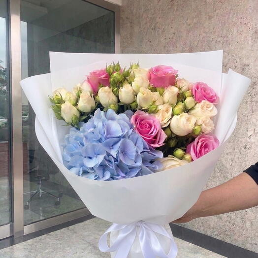 The "Serene Romance" Mixed Bouquet: Blue Hydrangea, Pink Roses   White Spray Roses