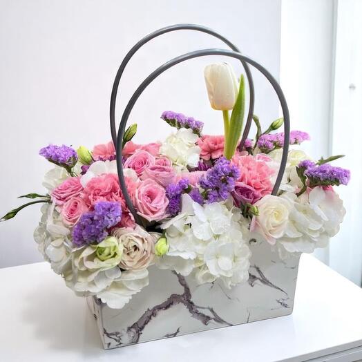 Elegant Flower Bag with Hydrangea, Carnation, Baby Rose, Tulip   Lisianthus – Fresh Floral Arrangement in Marble Bag (20cm)