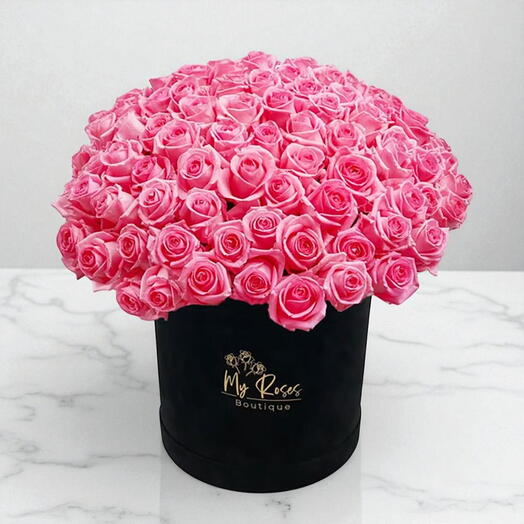 Black Velvet Box With 50 Pink Roses