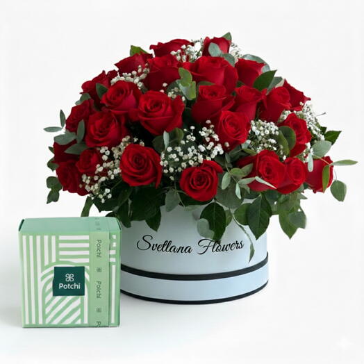 Royal Crimson Gift Box - 51 Red roses and Patchi (500g) Combo