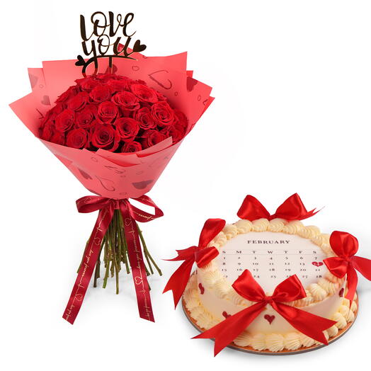 Букет из 35 красных роз «Любовь» с тортом «Красный бархат»