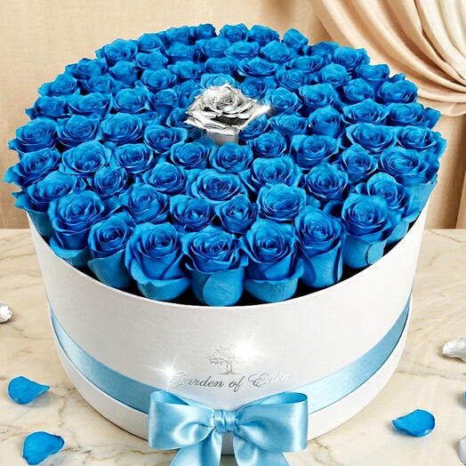 Royal Azure Crown 80 Premium Blue Roses with Signature Silver Rose in Luxury Hat Box