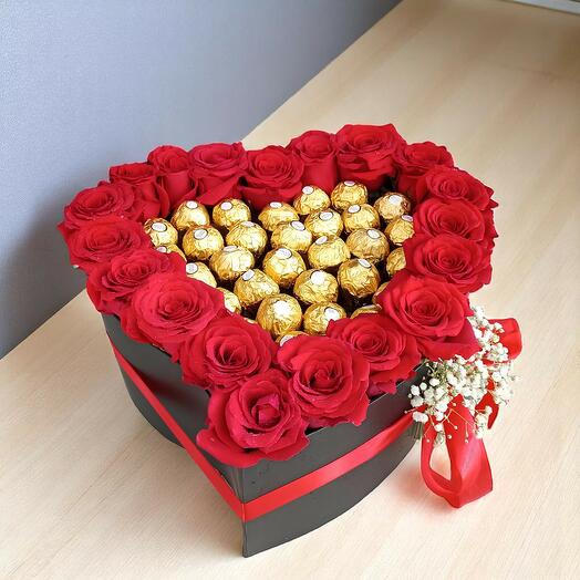 Box arrangement with flowers and chocolate