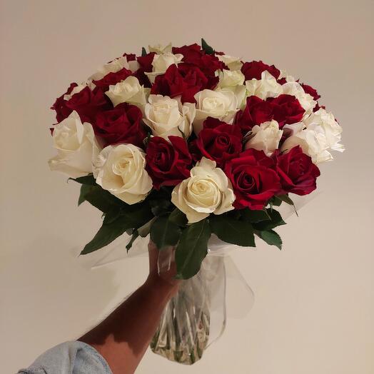Elegant 51 Red and White Roses Bouquet – Fresh Romantic Flowers Dubai