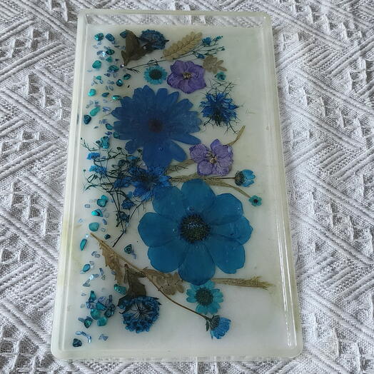 Синий прямоугольный поднос с цветочным рисунком