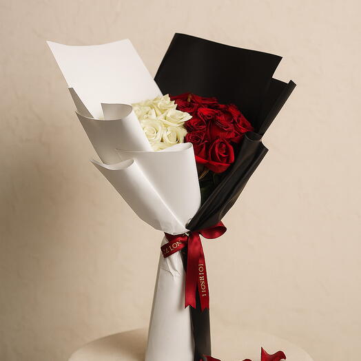Red   White Whisper Bouquet – 51 Premium Roses in Bold Black   White Wrap