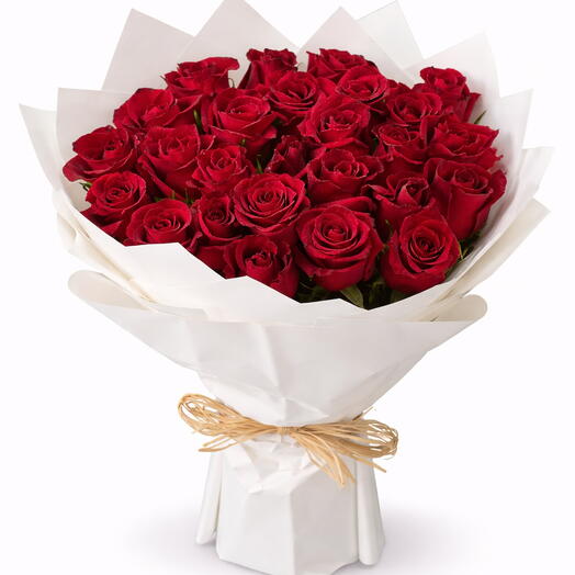 25 Red roses white wrapper